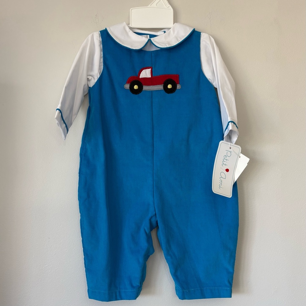 NWT Petit Pomme One Piece Romper Longall Blue Corduroy Truck Appliqué 6 Months